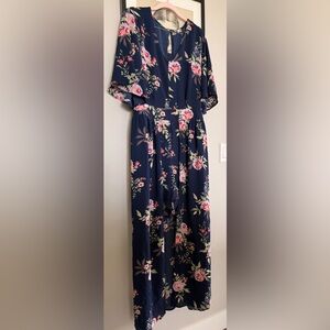 J for Justify Navy Floral Ruffle Dress/ jumpsuit with Pink Blooms